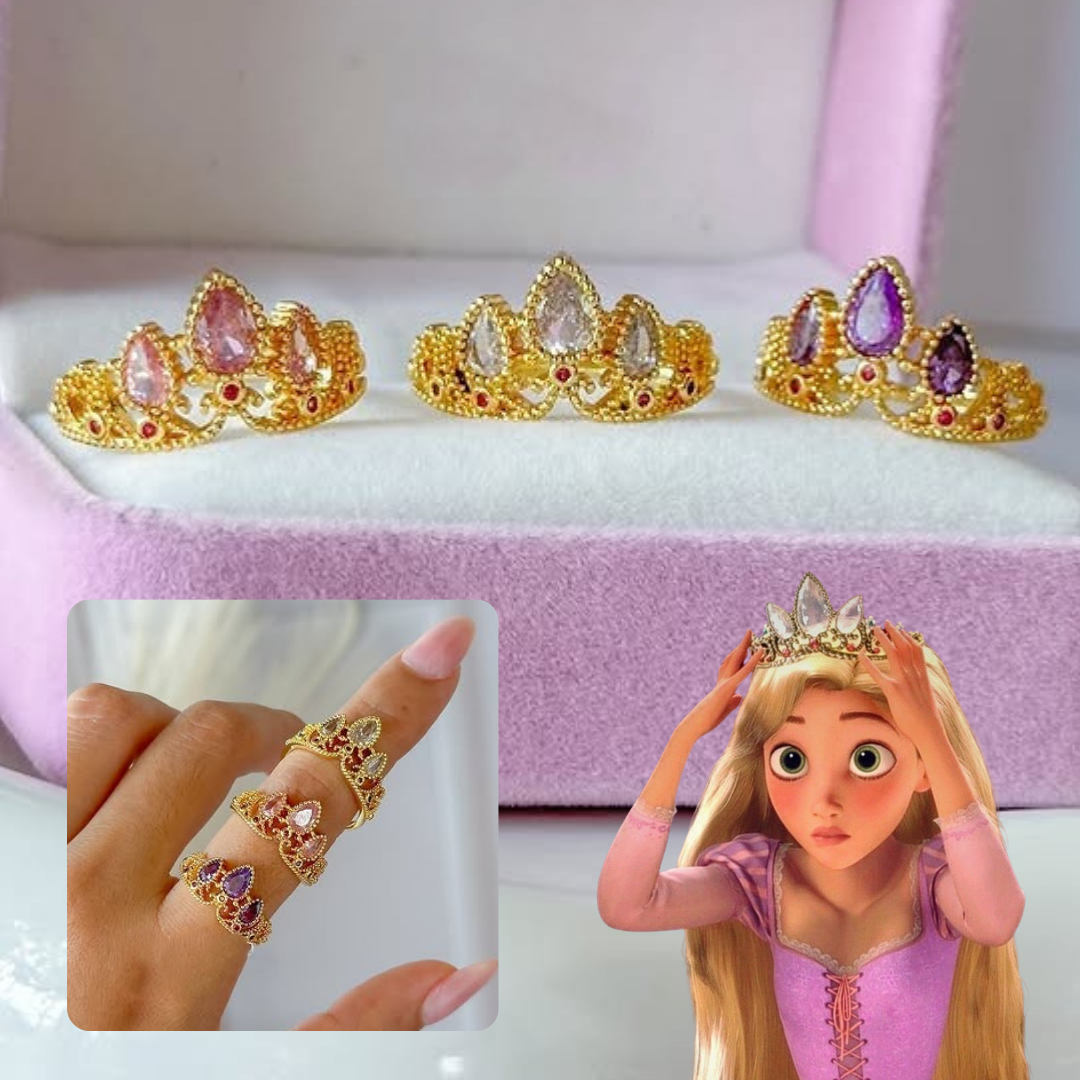 Anillo de corona de princesa Rapunzel con circones de colores fucsia, lila y blanco.