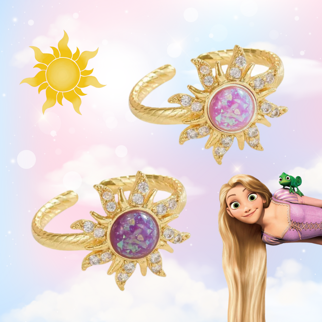 Anillo de sol para la princesa Rapunzel con un diseño de cristal rosa y morado y una imagen de la princesa.