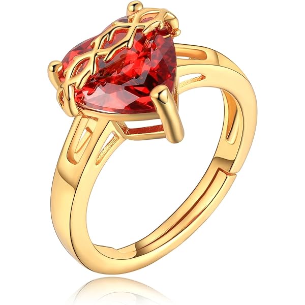 Anillo del Sagrado Corazón con acabado dorado, con un corazón central de cristal rojo y una corona de espinas.