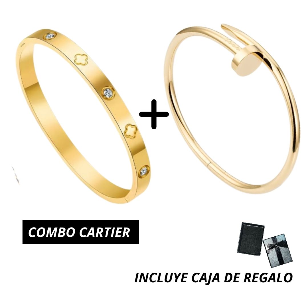 Dúo de pulseras estilo Cartier, incluyendo la Pulsera LOVE y la Pulsera Clavo en tono dorado.