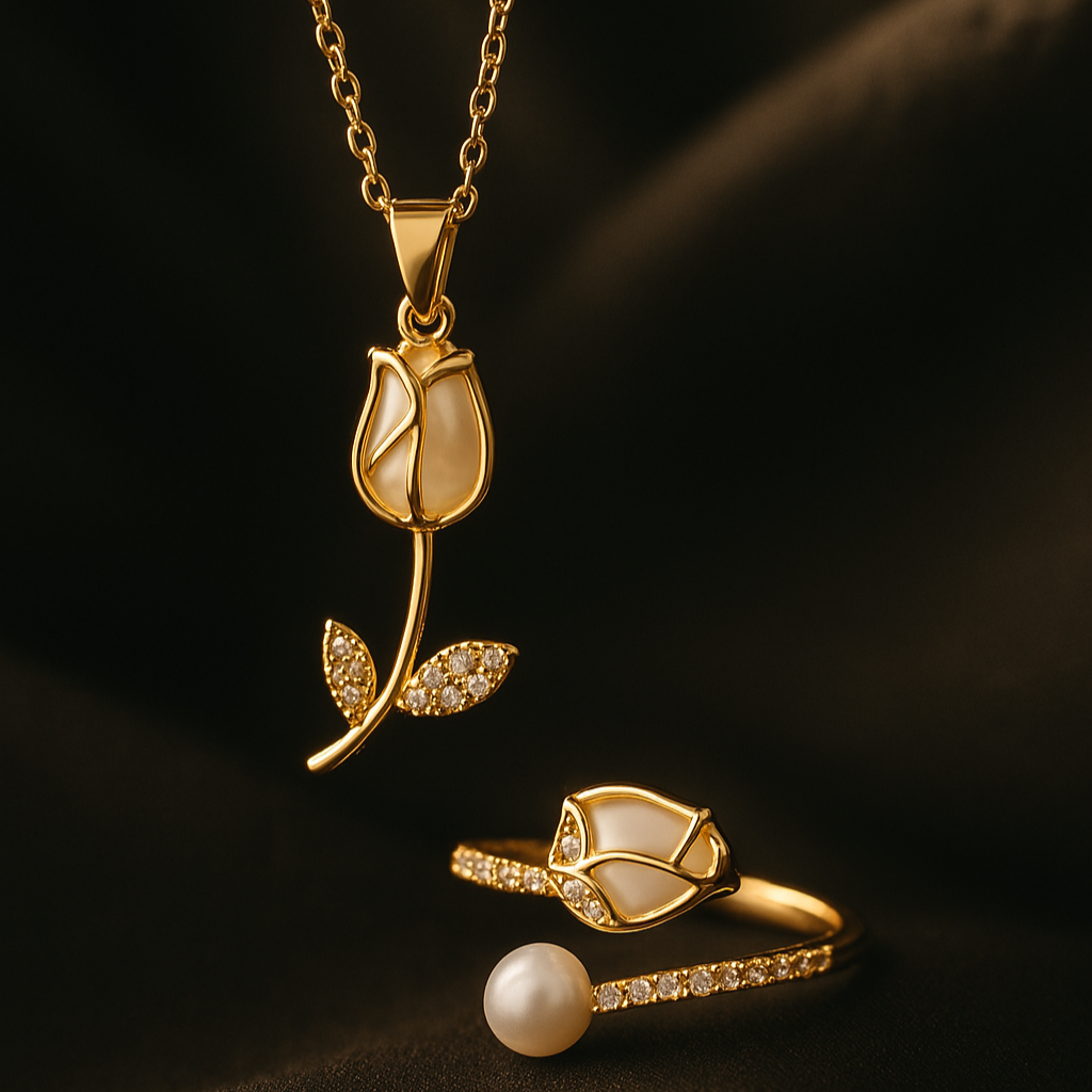 Anillo de tono dorado con una flor de tulipán blanca y una perla.