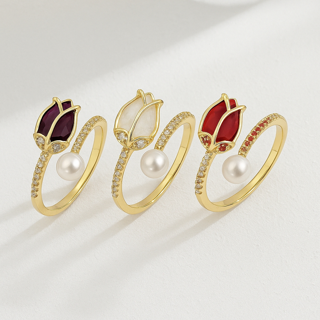 anillos ajustables flor tulipan rojo, blanco y morado o lila.