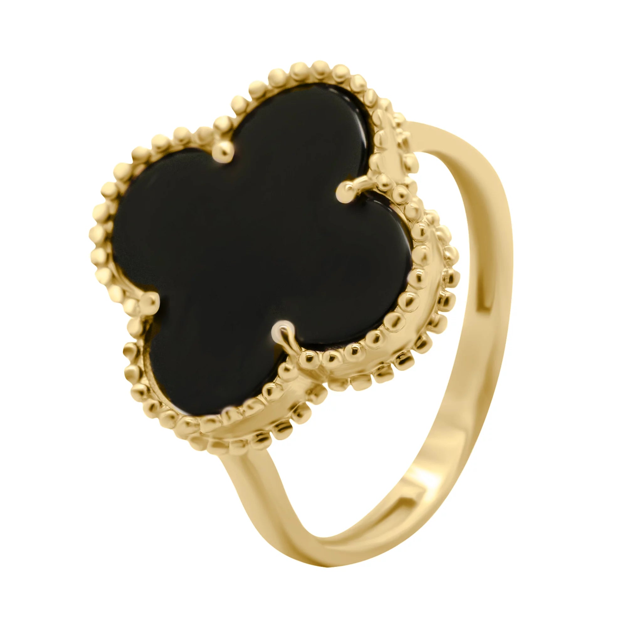 Anillo de acero inoxidable en tono dorado con un dije de trébol negro, inspirado en Van Cleef.