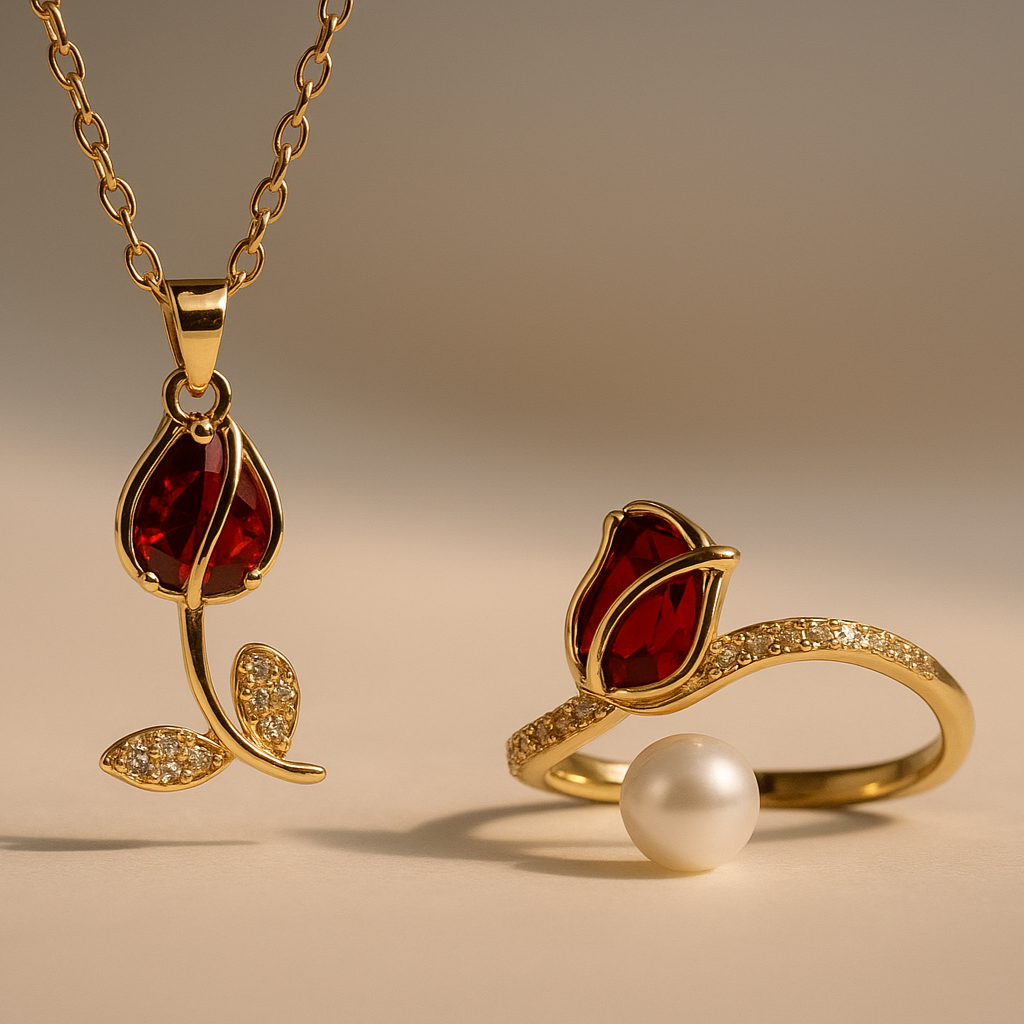 Anillo de tono dorado con una flor de tulipán roja y una perla.