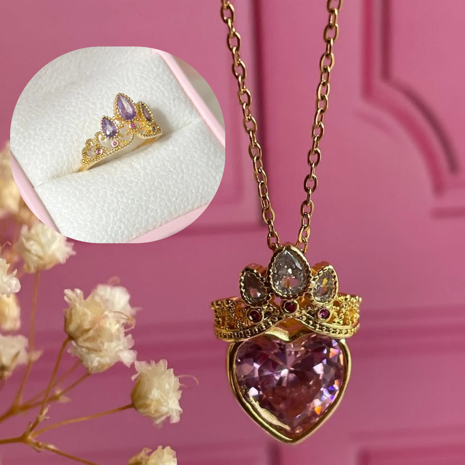 Tres collares con dijes de corazón y corona en diferentes combinaciones de colores. rapunzel