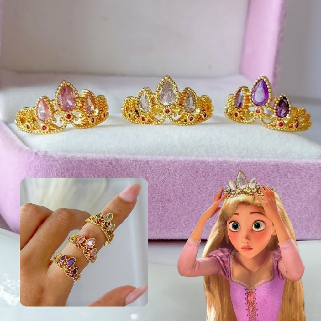 Anillo de corona de princesa Rapunzel con circones de colores fucsia, lila y blanco.