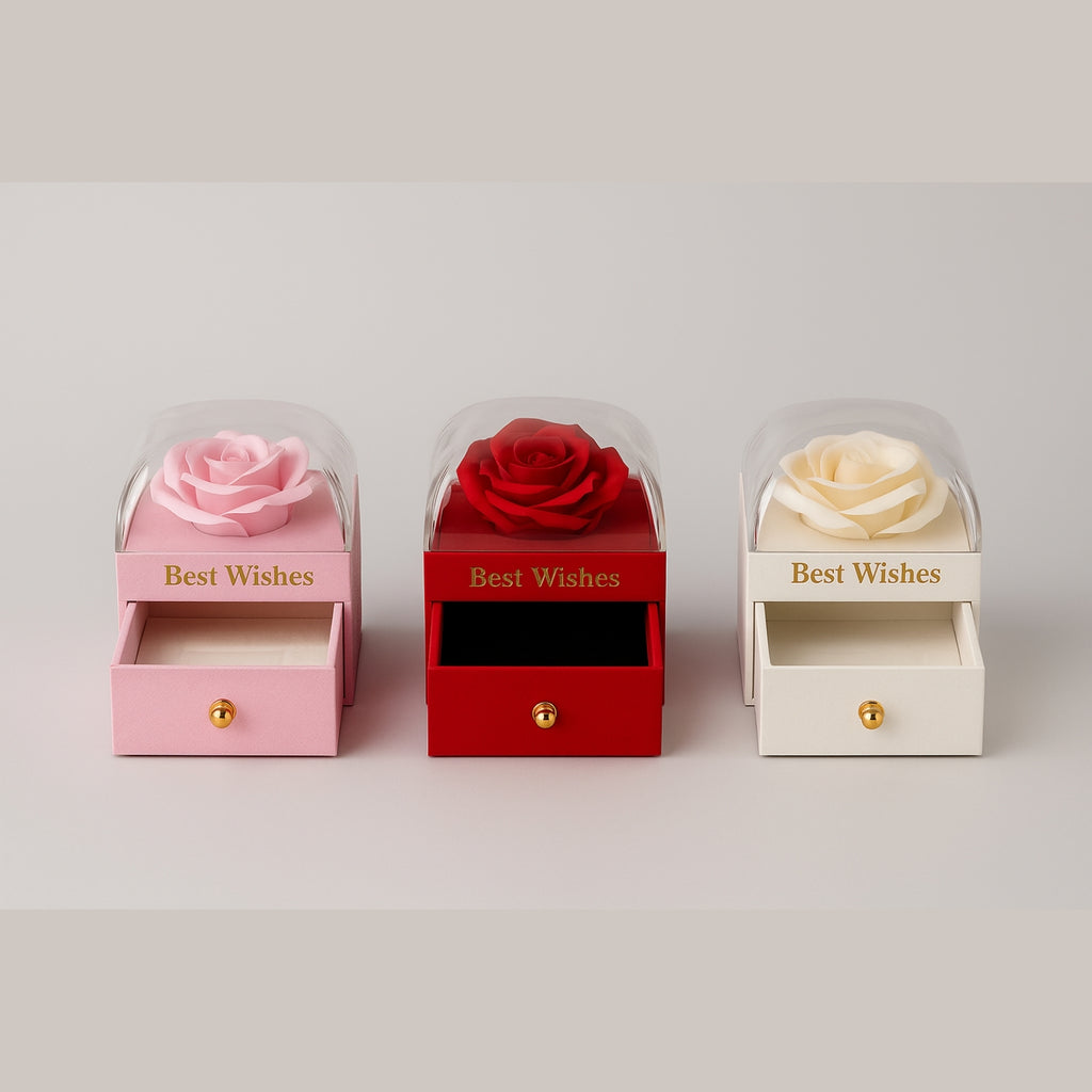 Cajas tipo cajon con rosas, rosa, rojo y blanco.